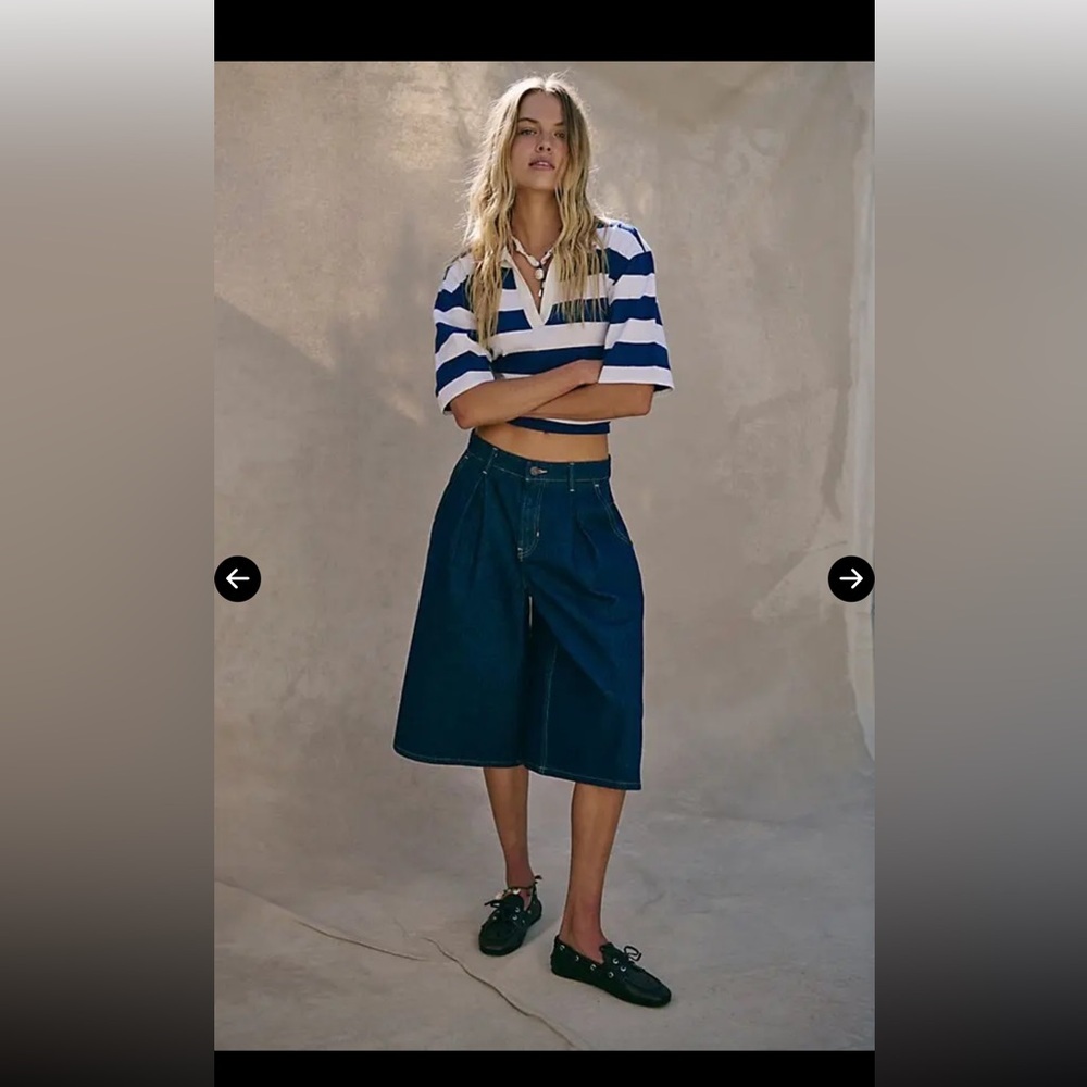 We The Free curvy Antonia crop Indigo Denim Shorts with Brown Leather Patch - Picture 6 of 10